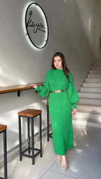Turtleneck Pullover Solid Sweater Dress With Belt