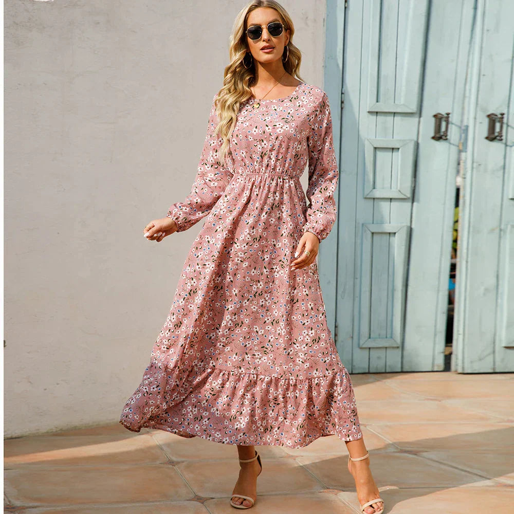 Natasha Effortless Women's Bohemian Floral Chiffon Maxi Dress with Long Sleeves Elevated Occasion Wear