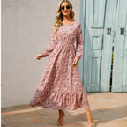 Natasha Effortless Women's Bohemian Floral Chiffon Maxi Dress with Long Sleeves Elevated Occasion Wear
