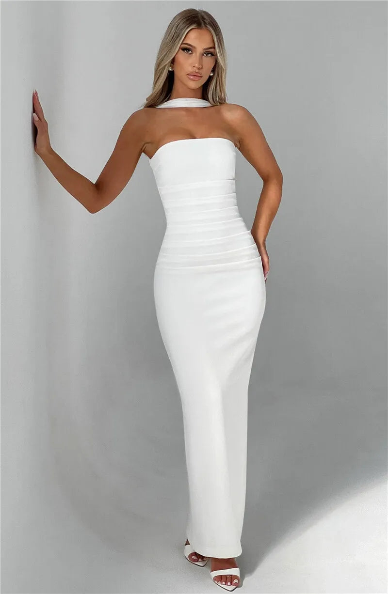 Scarf Collar Strapless Off - shoulder Long Dress