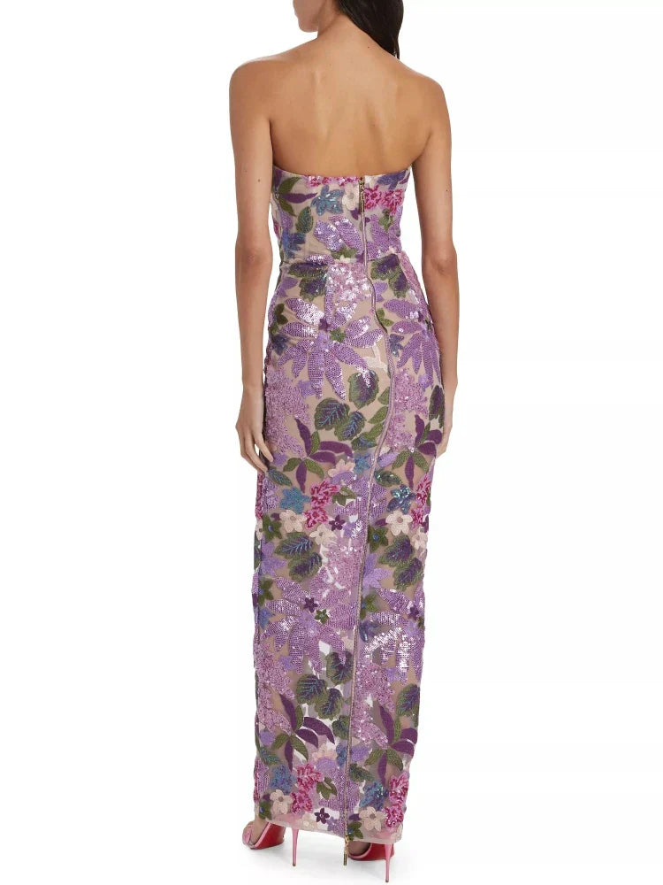 Floral - Embellished Sequin Lavender Ankle Length Dress