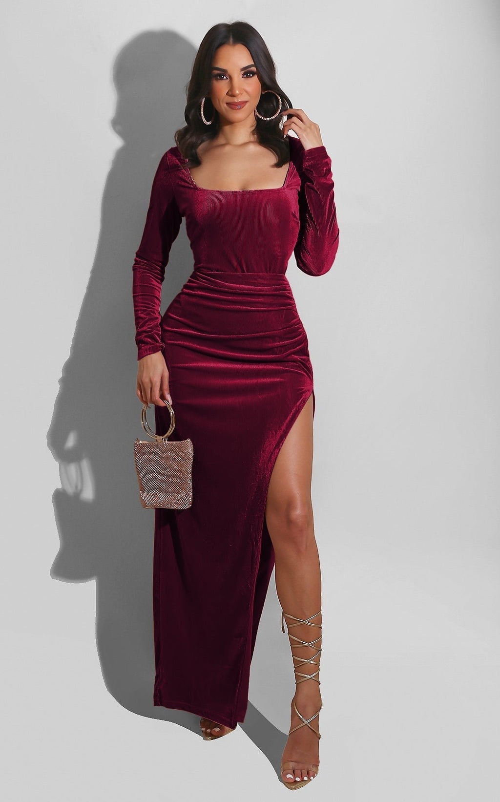 Elegant Velvet High Waist Slit Maxi Dress Long Sleeve Evening Party Dress