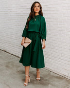 Elegant Office Dress Formal Loose Green Long Sleeve Belt ALine Midi Dresses