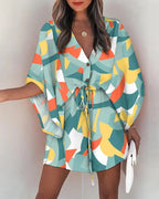 Casual Flora Print Batwing Sleeve LaceUp Dress