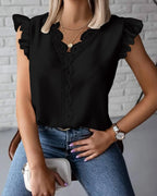 Casual Summer White Vneck Patchwork Blouse