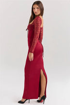 Square Collar Lace - Up Backless Long Sleeve Maxi Dress