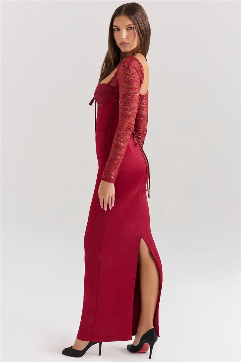 Square Collar Lace - Up Backless Long Sleeve Maxi Dress