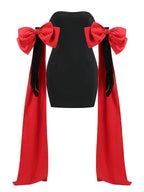 Black Tube Mini Dress With Large Red Bow Detachable Sleeves