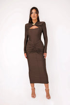 Long Sleeved Pleated Hollowed Out Maxi Dress