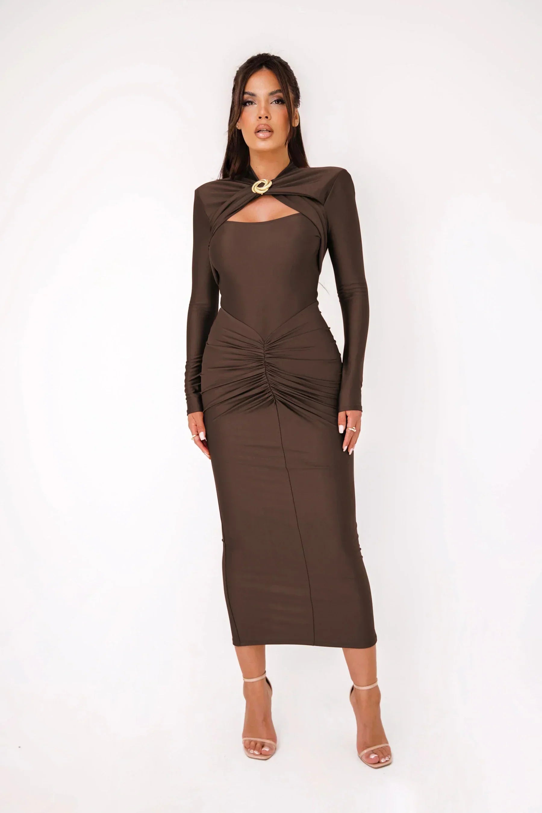 Long Sleeved Pleated Hollowed Out Maxi Dress