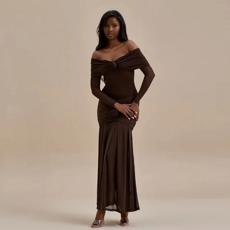 3D Flower - appliqué Mesh Long Sleeve Fishtail Maxi Dress