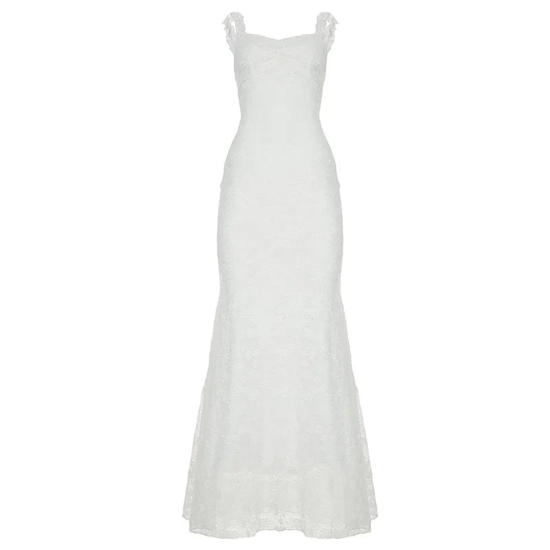 Boho Chic Women Floor Length Fishtail Dress White Lace Elegant Sexy Sleeveless Bodycon Maxi Dress Summer Clubwear