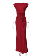 Solid Boat Neck Twist Knot Long Dress