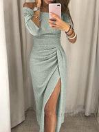 Lucía Minimalist Glitter Dress with Off the Shoulder Shoulders Statement Occasion Edit