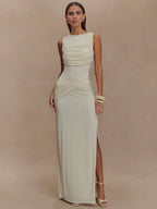 Backless Ruched O Neck Thigh High Split Long Dress
