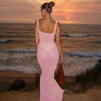 Mesh Square Neck Open Back Solid Long Dress