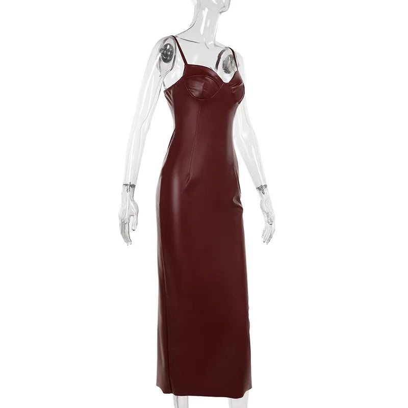 Solid PU Leather Splicing Strap Dress