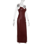 Solid PU Leather Splicing Strap Dress