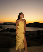 Backless Satin Slant Shoulder Solid Slit Long Dress