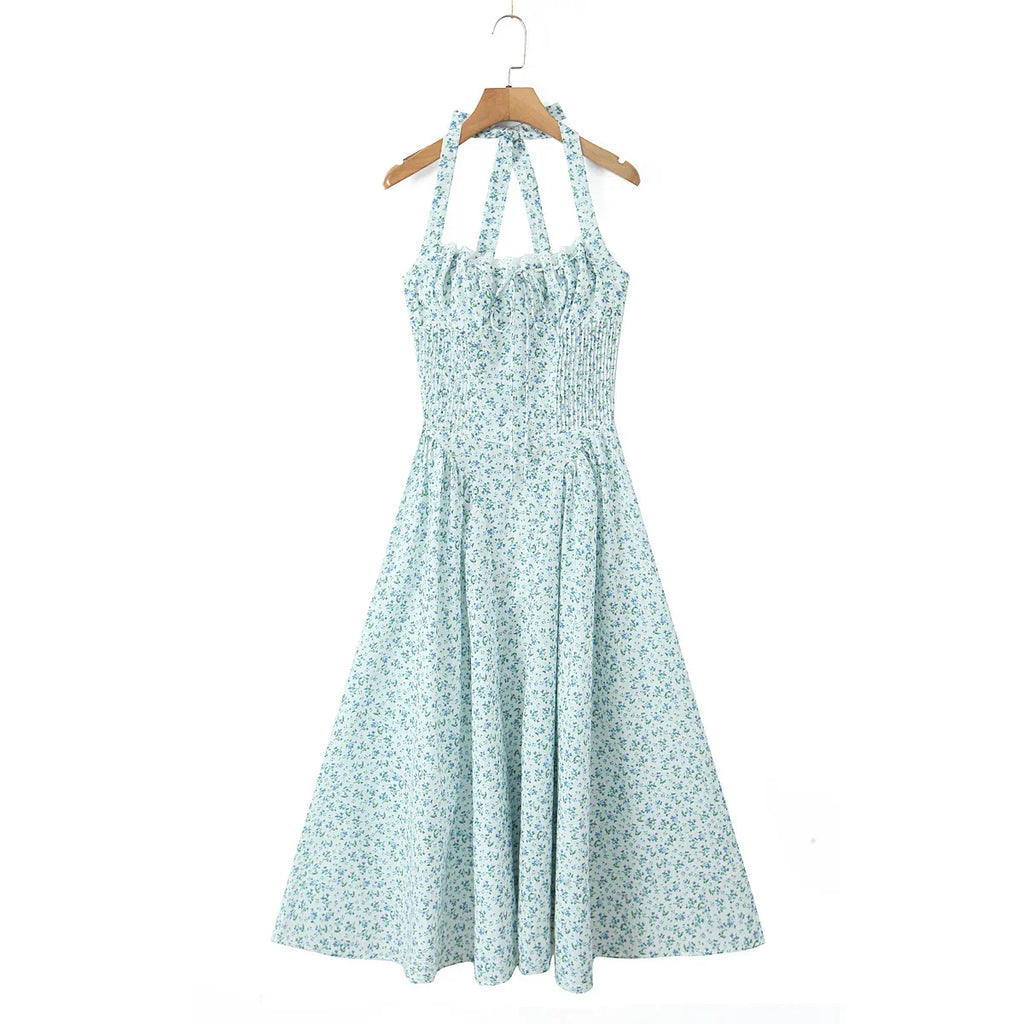 Floral Bow Halter Neck Lacing Up Midi Dress