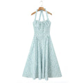 Floral Bow Halter Neck Lacing Up Midi Dress