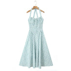 Floral Bow Halter Neck Lacing Up Midi Dress