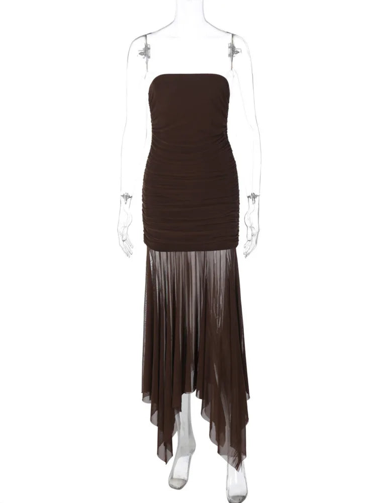 Brown Off - shoulder Strapless Long Dress