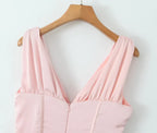 Stain Pleated Ruched Strap Bow Folds Hem Mini Dress