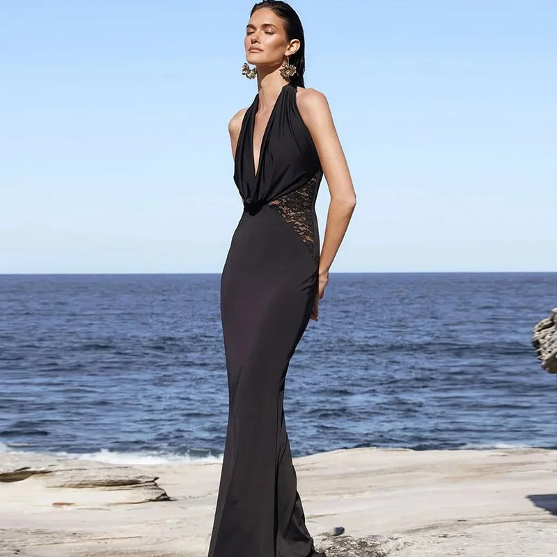 Halter Black Lace Off - shoulder Long Dress