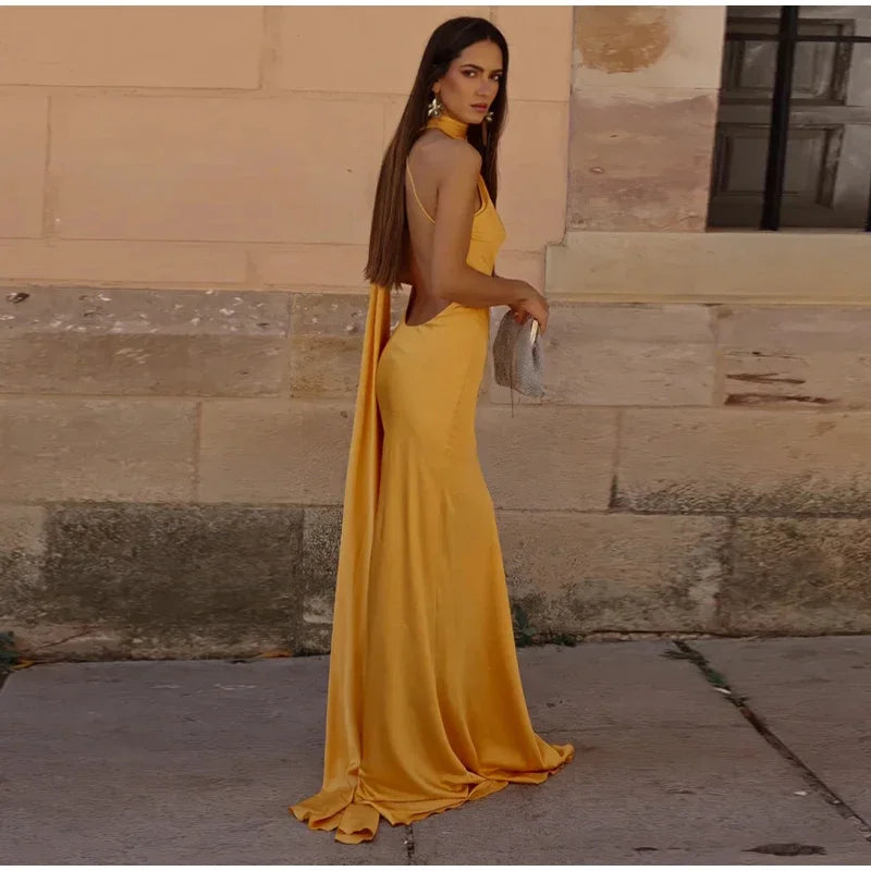 Yellow Satin Backless Lace - Up Off - Shoulder Maxi Dress