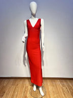 Deep V Neck Red Sleeveless Bodycon Long Dress
