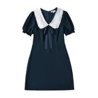 Short Puff Sleeve Bow Detail Dots Print Mini Dress