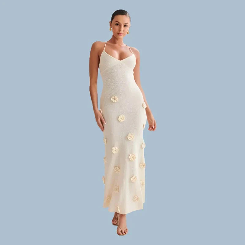 Halter Neck Flower Patchwork Lace - up Maxi Dress