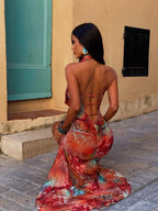 Hollow Laceup Split Floral Dress