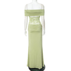Off - shoulder Strapless Green Lace Sheer Long Dress