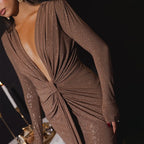 Elastic Deep V - Fold Lace Maxi Dress