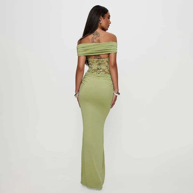 Off - shoulder Strapless Green Lace Sheer Long Dress