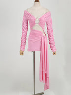 Pink Hollow Out Long Sleeved V - Neck Mini Dress