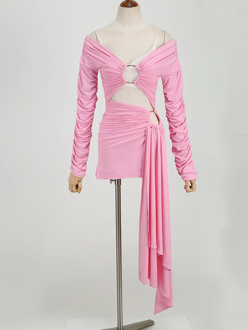 Pink Hollow Out Long Sleeved V - Neck Mini Dress