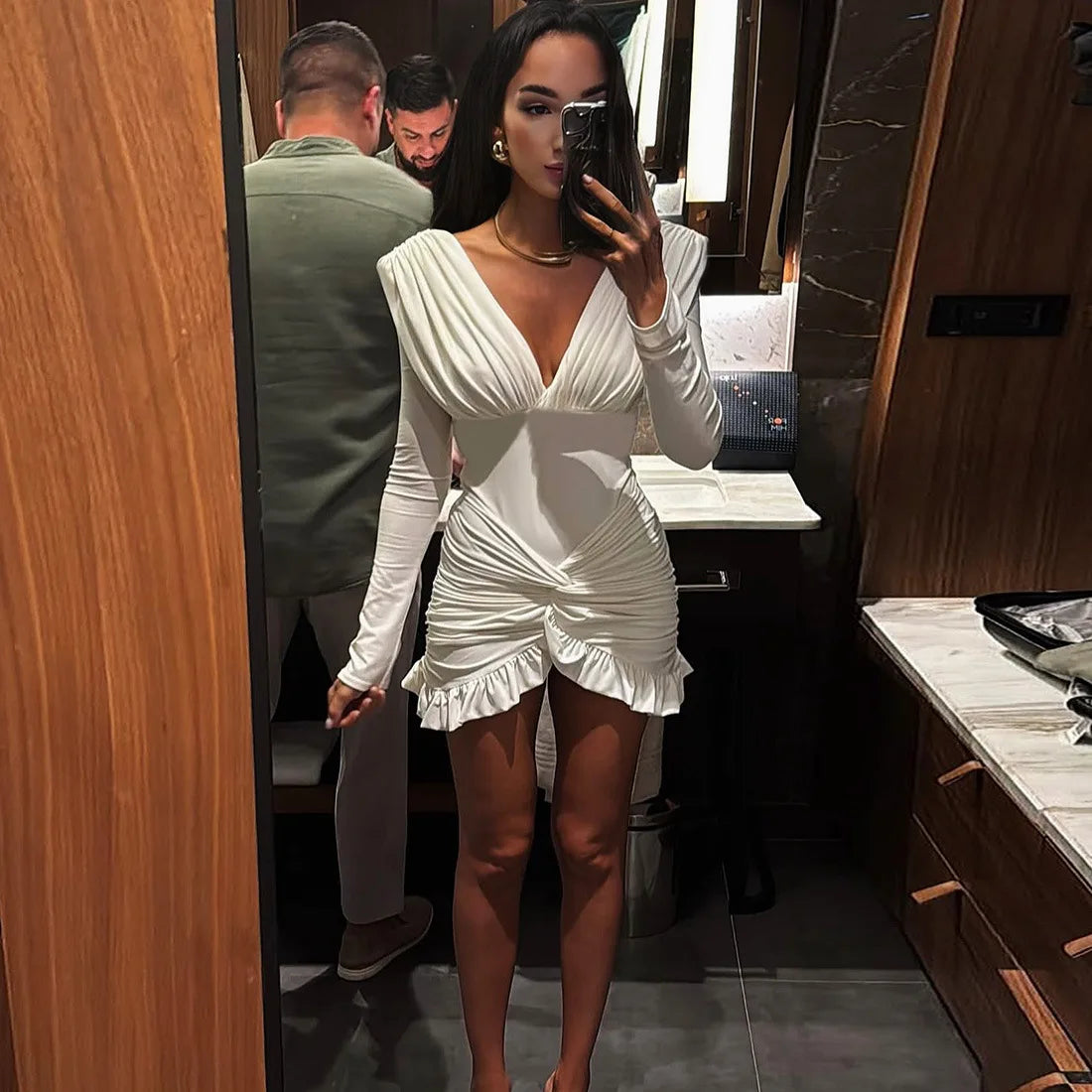 Autumn Cross Ruffle Trim Mini Dress Simple Solid V neck Ruched Full Sleeve Body shaping Frock Female Classic Street Vestido