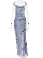 Floral Print Mesh Zipper Spaghetti Strap Long Dress
