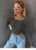 DressBetty - Long Sleeve Square Neck Knitted Crop Top Women Y2k Sexy T Shirts