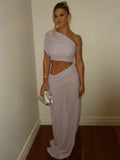 Mesh Backless One - Shoulder Long Dress