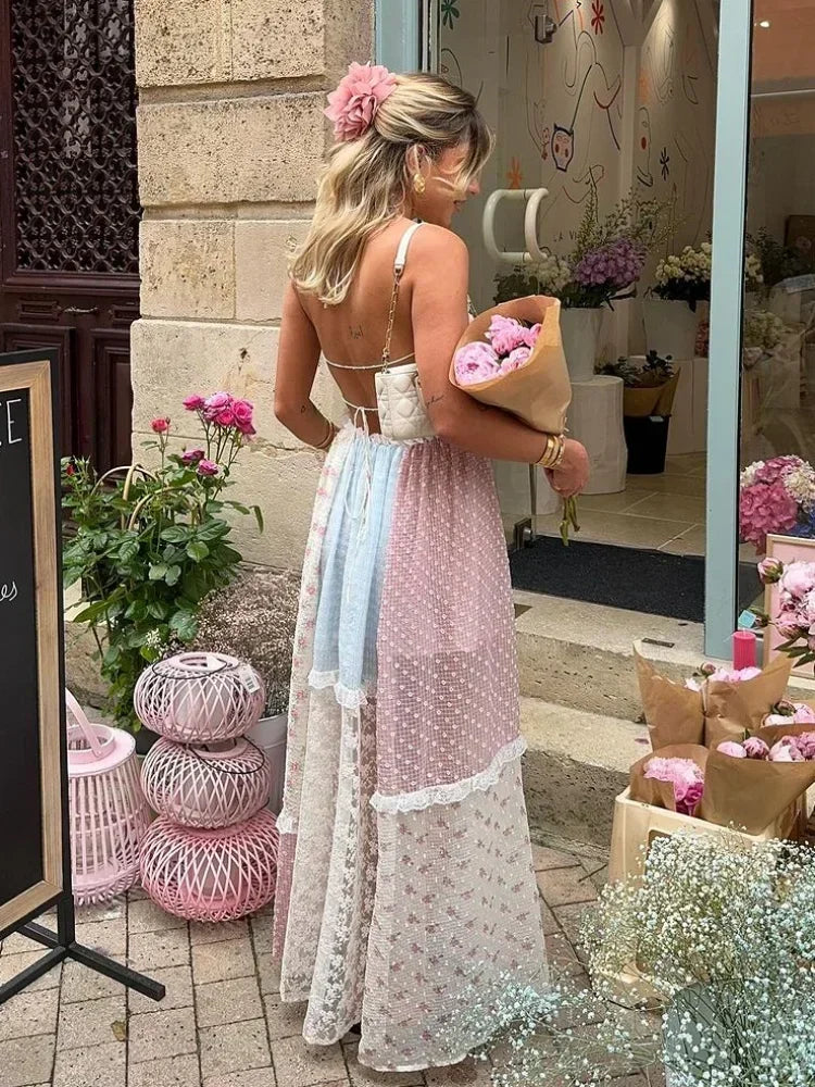 Lace Patchwork Halter Maxi Dress