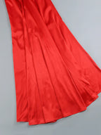Swinging Collar Backless Pleated Red Stain Maxi Dress