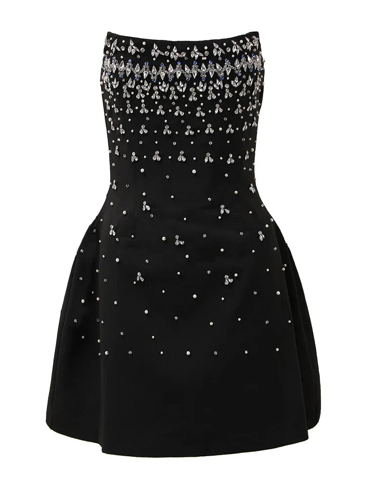 Diamonds Black Crystal Pearl Mini Midi Dress