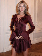 Lace-Up Ruffle V Neck A-Line Mini Dress