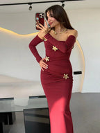 Metal Buckle Off - shoulder Backless Long Dress