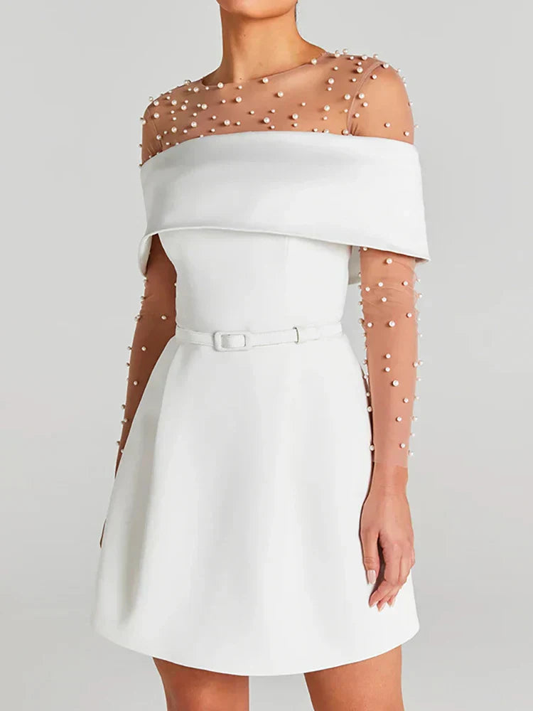 Belt Patchwork Short Sleeve Off The Shoulder Dress