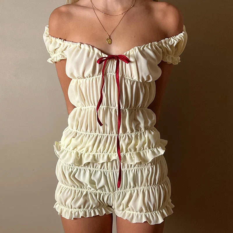 Vintage Ruched Off Shoulder Crop Top Two Piece Shorts Set